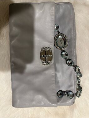 Miu Miu Light Gray Leather Crystal-Embellished Clutch/Tote with Jeweled Strap